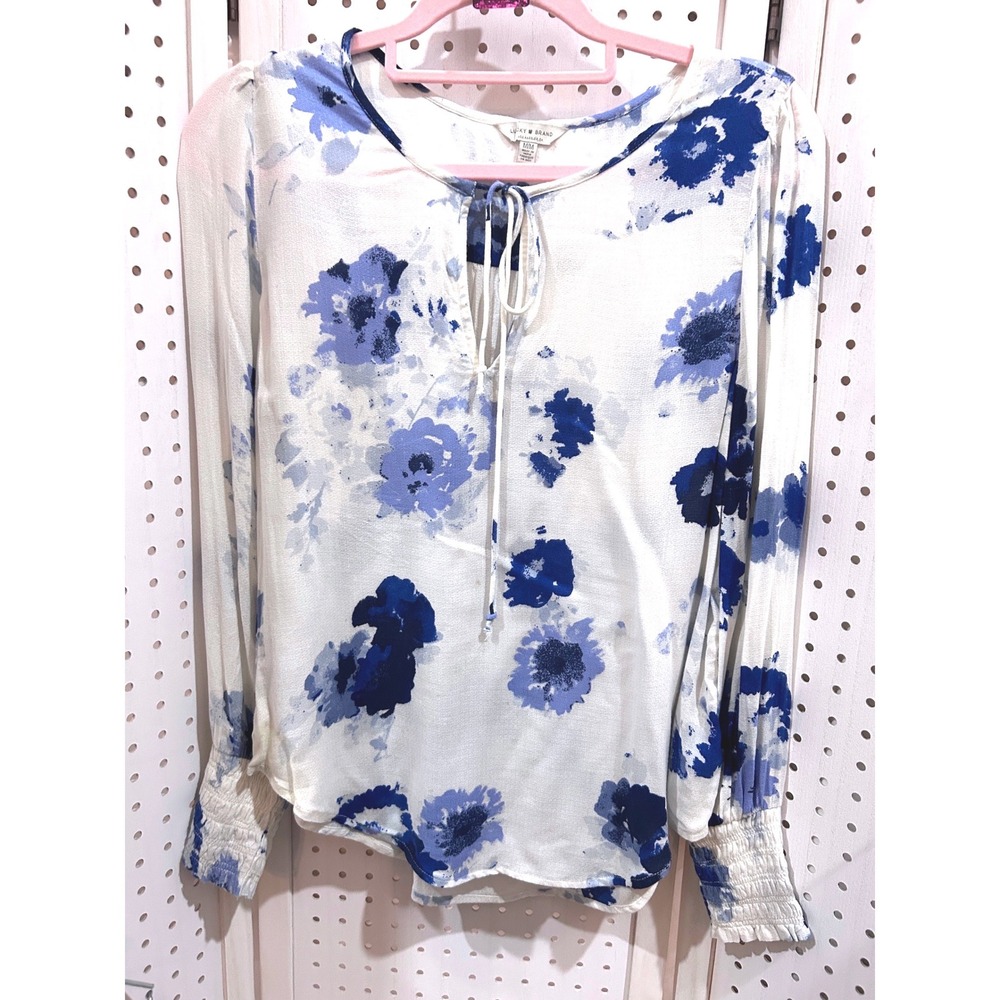 Lucky Brand Blue Floral Print Tie Neck Long Sleeve‎ Blouse Shirt M M